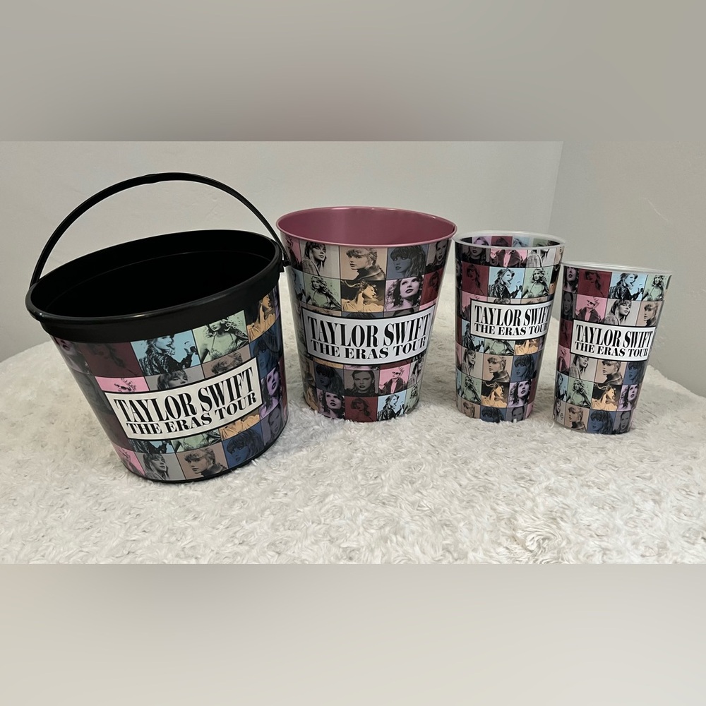 Taylor Swift Eras Tour movie set with popcorn bucket, tin, and 2 cups from AMC